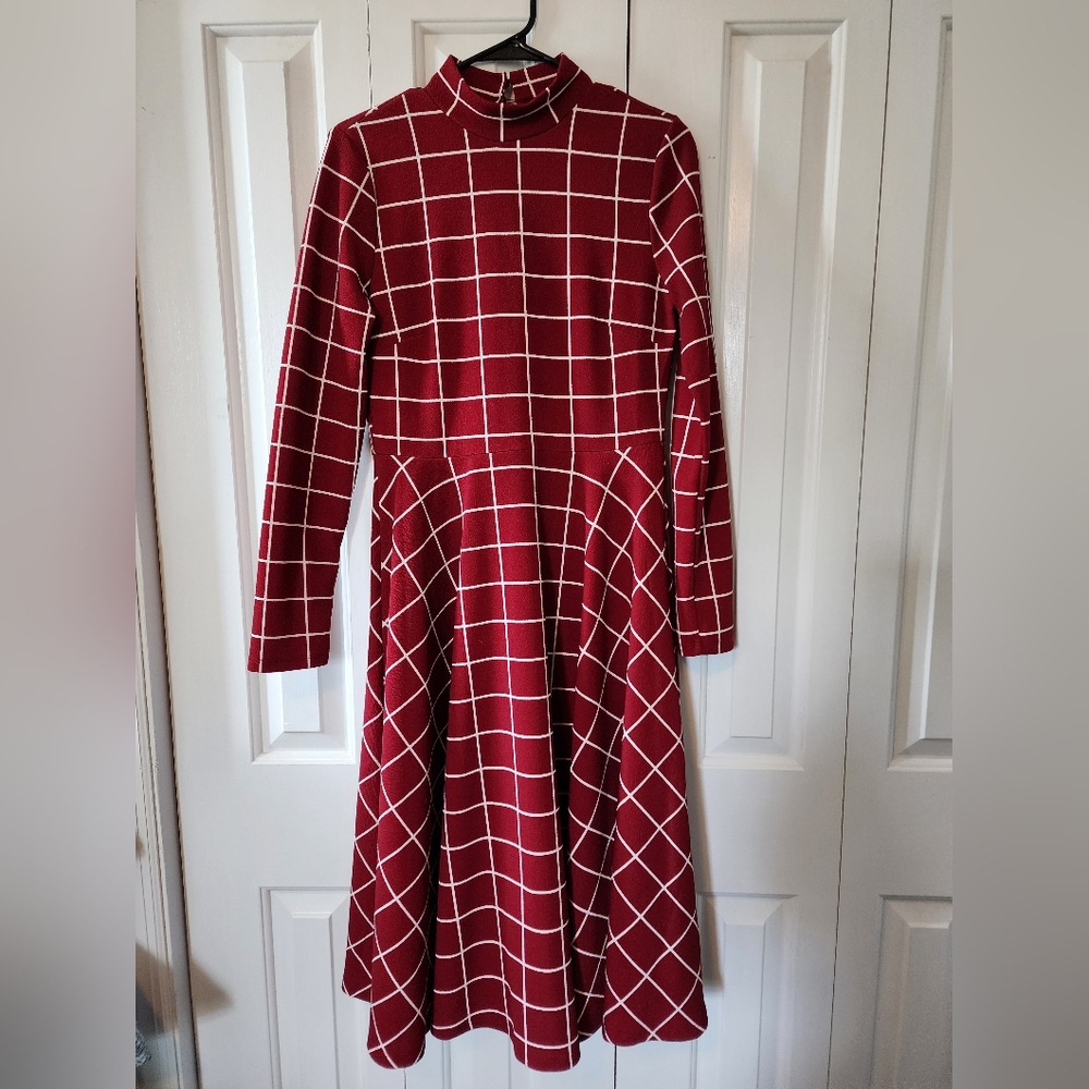 SHEIN Burgundy Checkered Long Sleeve Dress